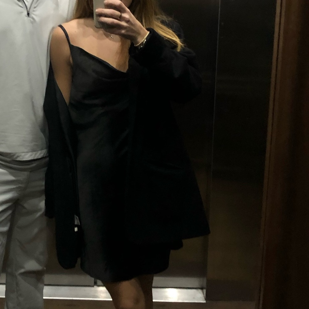 Black cowl neck satin mini dress